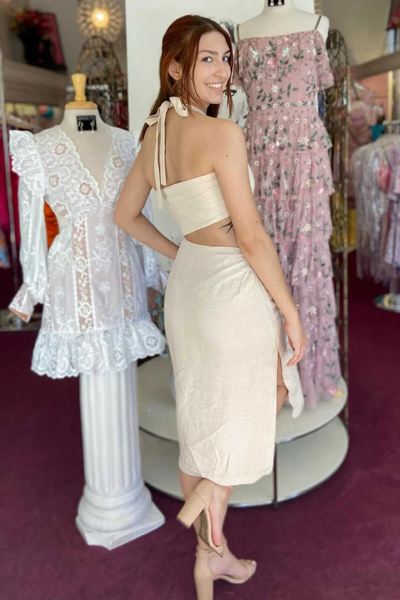 Vestido de fiesta de bienvenida con escote halter y abertura